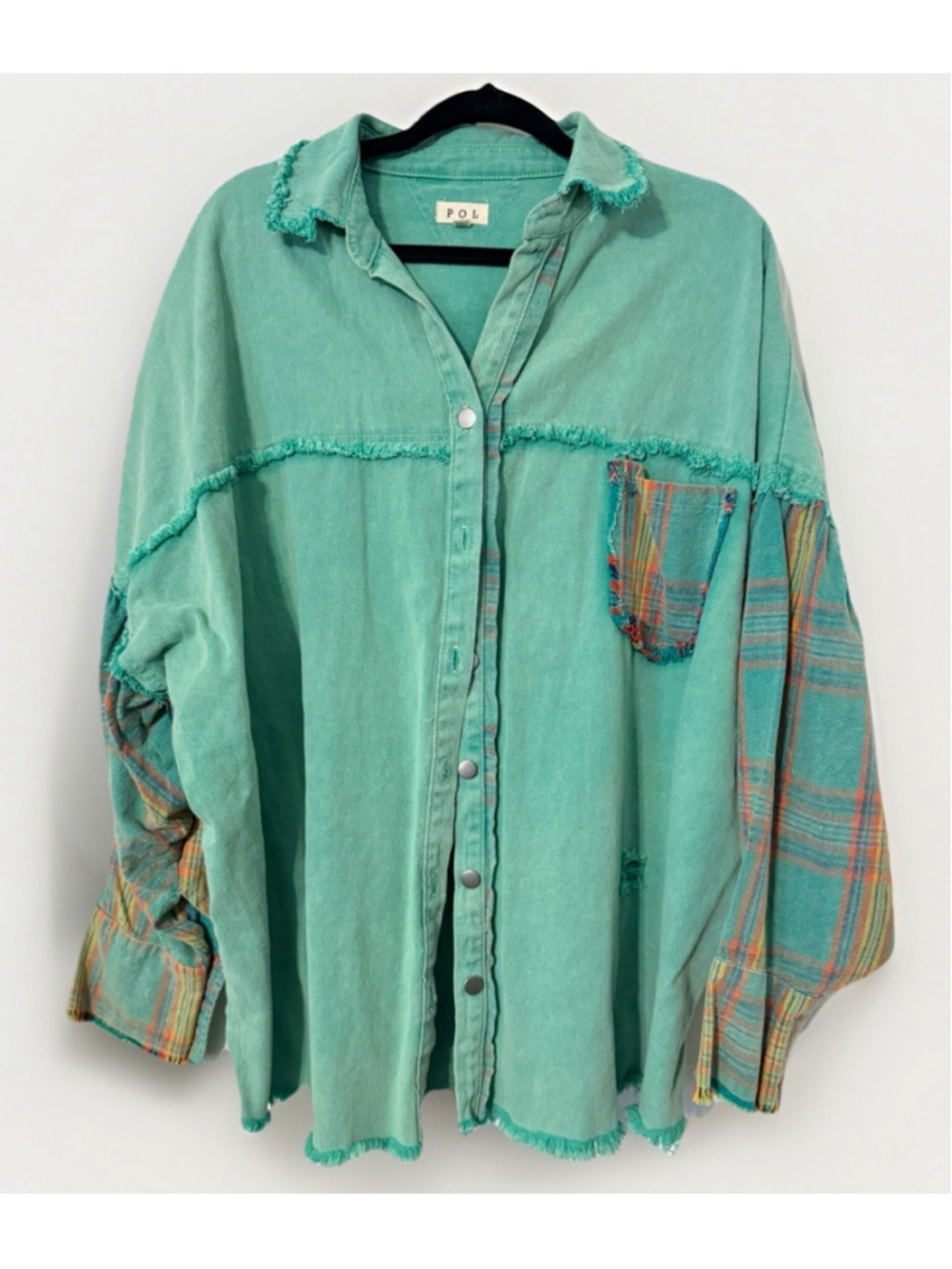 POL Boho Patchwork Jacket m Raw Hem Plaid Sleeve Oversized Cotton 2XL - Picture 3 of 7